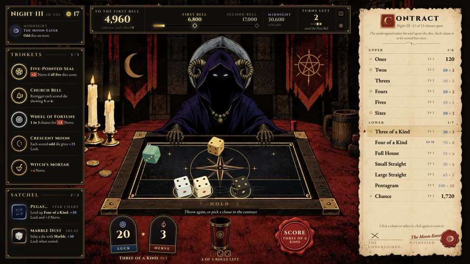 A turn in progress: three fours held on the ledge, the hooded figure watching from across the tray.